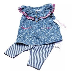 Bonnie Baby Outfit Cotton Floral Top Blue White Striped Leggings Size 6-9 Months